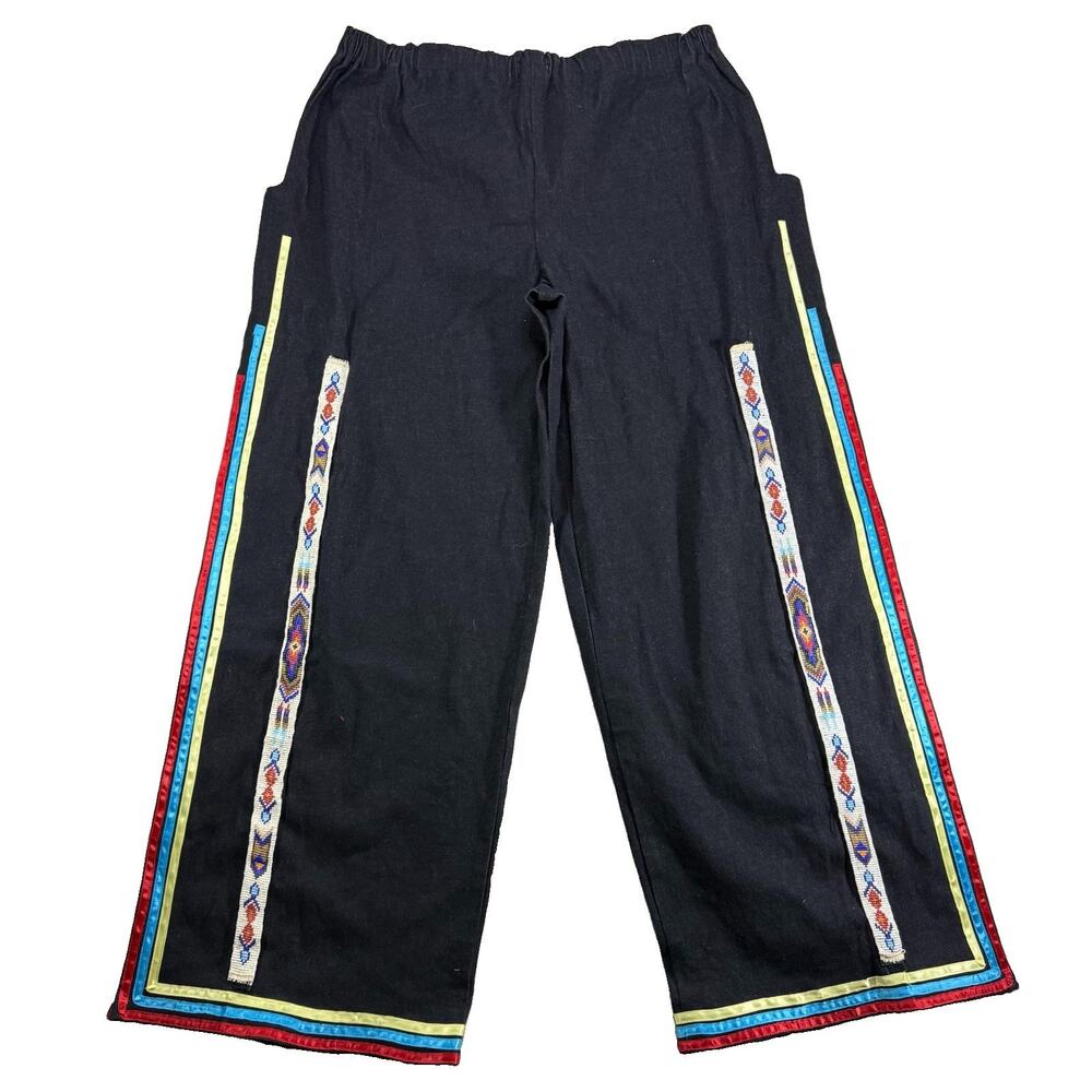 Native American Ribbon Pants Wide Leg Black Powwow Regalia 36X31 Hand-Beaded